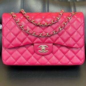 New Rare CHANEL Fuchsia Pink Large Classic Flap Bag Grained Calfskin Gold metal